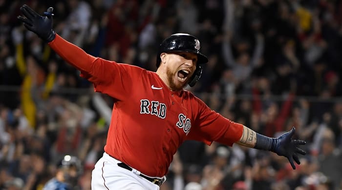 Red Sox catcher Christian Vazquez reacts after hitting a walk-off two run home run against the Tampa Bay Rays during the thirteenth inning in game three of the 2021 ALDS at Fenway Park.